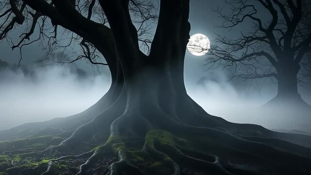 Fog envelops an old leafless tree with huge powerful roots covered with moss on a mysterious night background during a full moon, footage