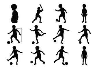 Silhouette of Children Playing Soccer and Sports in Vector Poses on white background
