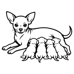 Chihuahua mother with puppies, funny black and white line vector