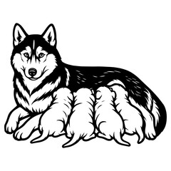 Naklejka premium Husky mother and puppies, black and white outline vector