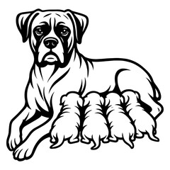 Fototapeta premium Black and white vector illustration of a boxer dog mom nursing five puppies. 