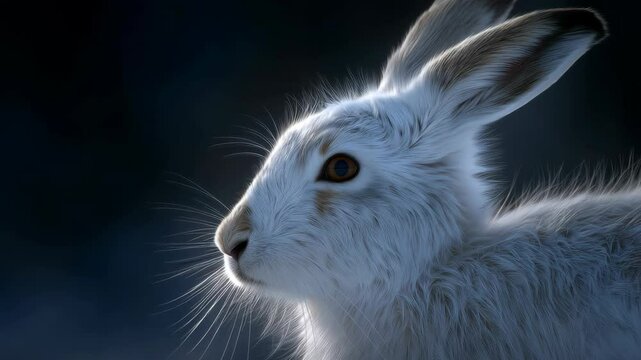 Close-Up of a White Rabbit with Brown-Tipped Ears and Prominent Whiskers Against a Blurred Background