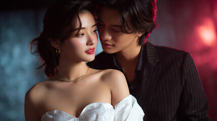 Fototapeta premium Romantic Couple Portrait Intimate Pose, Red and Dark Studio Lighting