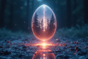 Mystical Egg Floating Above Forest Ground
