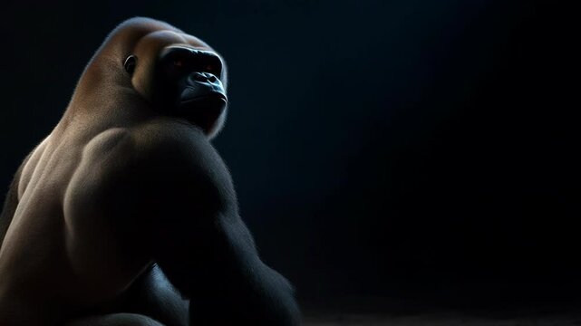 Thoughtful Gorilla: A Muscular Primate Contemplates in the Shadows, Illuminated by a Soft Glow
