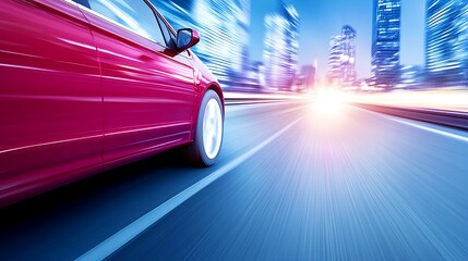 Red car speeding through a vibrant city at night, showcasing dynamic motion