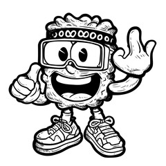 The character, a groovy almond nut and seed, showcases a shaka sign while spreading hippie y2k energy as a modern, joyful, and healthy protein food personage, donning a hipster headband and retro