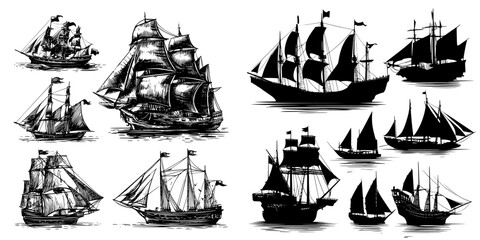 The silhouettes of pirate sail ships, corsair sailboats, and frigate boats are featured in a modern collection of marine vessel images, including corsair warships © Andrei