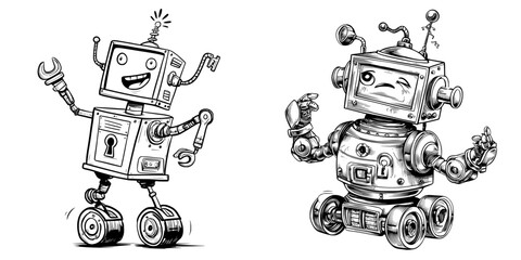 A cartoonish robot with a humorous and trendy appearance, featuring a retro droid on wheels with an amusing facial display, embodies a modern character, while a retro transformer droid or mechanical