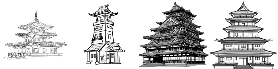 Modern Asian architecture is represented by buildings such as cartoon Chinese houses or Chinatown towers, as well as ancient temples or pagodas with oriental roofs, showcasing Chinese, Korean, or