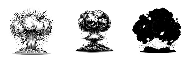 A cartoon boom cloud is depicted with a bomb explosion blast effect, featuring comic fire and smoke, as well as a modern explode burst characterized by swirling black smoke and bright molten flames