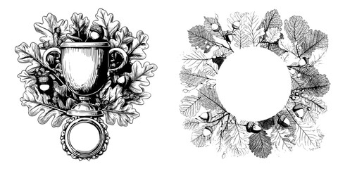 A modern game asset badge featuring a cartoon oak wreath with golden branches, leaves, and acorns, suitable for a winner award, honor prize, or trophy