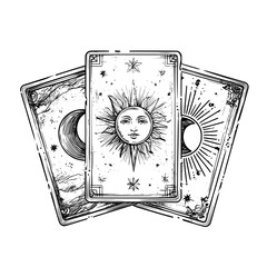 Tarot cards that have magical occult symbols, esoteric signs, and mystic symbols can be found in modern reverse decks, including those with golden lined sun, moon, and star in celestial frames that