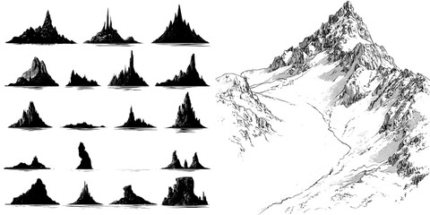 Fototapeta premium The landscape features mountain, hill, and rock black silhouettes, as well as mount peak or canyon range and alpine valley hills silhouette icons that symbolize hiking, camping, or climbing sport and