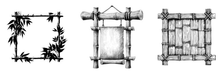 A bamboo frame adorned with wooden sticks borders or a wooden sign board set against a modern background, featuring a bamboo frame composed of sticks tied with rope for a signboard, reminiscent of a