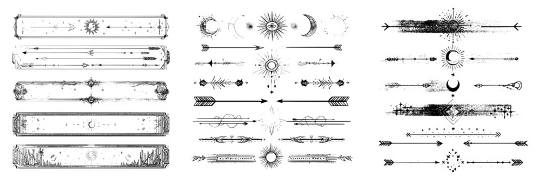 Fantasy celestial divider borders and frame lines featuring gold stars, moon, sun, arrows, and sparks in a vintage boho pattern, along with mystic esoteric tarot cards, astrology horoscope, or zodiac
