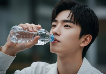 Asian man drinking from a bottle