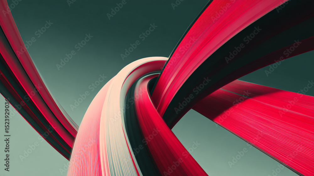 Poster a dynamic abstract rendering featuring swirling ribbons in red white and black against a muted teal 