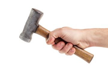 Closeup of a strong hand gripping a rusty hammer with a wooden handle against a a detailed image of a vintage tool diy man old work grey used iron metal on transparent background