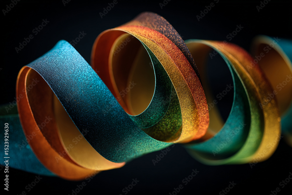 Poster a colorful ribbon curling and twisting against a dark background in a studio setting with soft light
