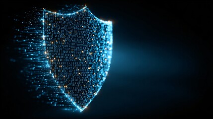 An abstract glowing digital shield constructed from binary code particles illuminates the dark background, representing cybersecurity and data protection online world.