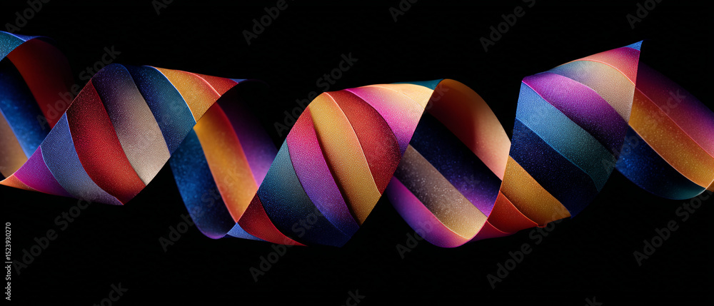 Poster a vibrant and colorful ribbon with stripes spiraling against a stark black background in a dynamic c