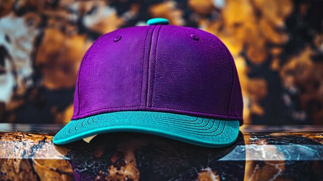 A vibrant purple baseball cap with a teal brim rests on a polished, multicolored surface against a blurred autumnal background