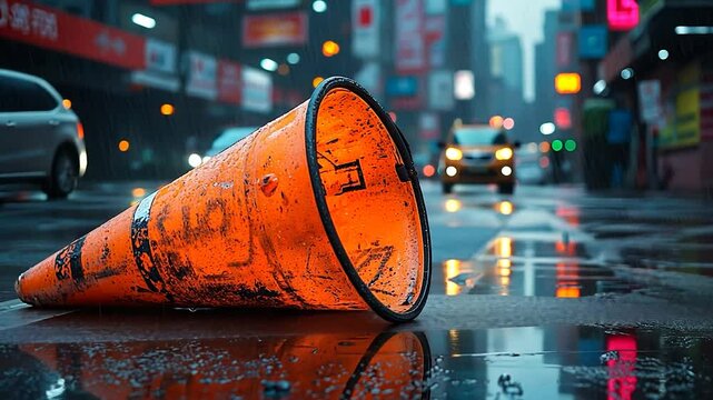 Orange traffic cone wet city street