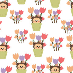 Seamless pattern cute cartoon cat in bear costume and flowers spring. cute animal drawing for spring wallpaper and background