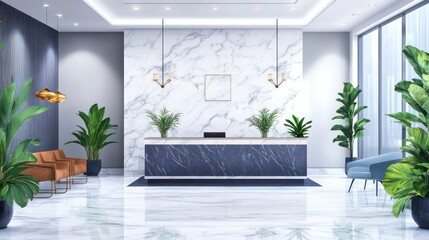 Modern office reception area with marble wall