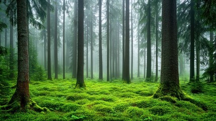 Misty forest floor covered in moss
