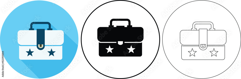 Poster three stylish briefcase icons in different styles for business and design projects