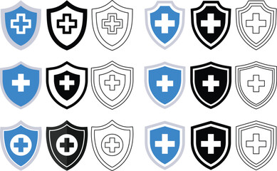 Various shield icons featuring a cross symbol representing healthcare or medical protection