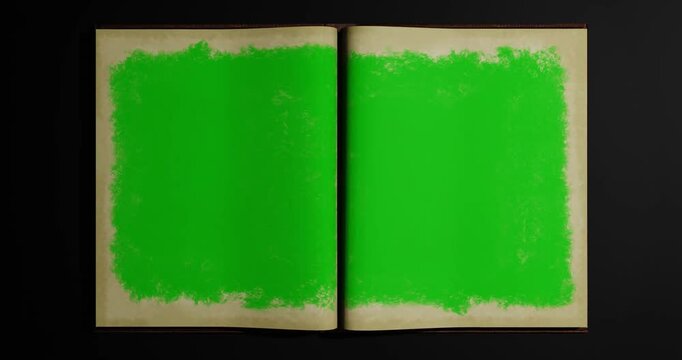 Animated turning pages of an old book with Green Screen on Desk- 3d animation 4K, set of 2

