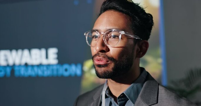 Man, stage or speaker in sustainability summit for speech, climate change or renewable energy. Presentation, forum and guest in discussion for ecology event, awareness and eco friendly convention