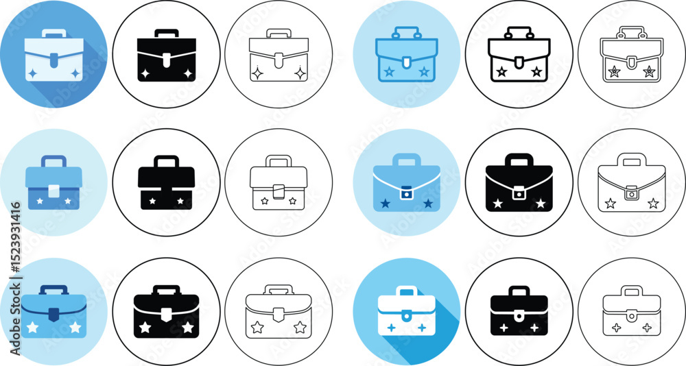 Poster collection of diverse briefcase icons in various styles and colors in circular designs