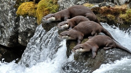 Obraz premium Four otters rest on rocks beside a cascading waterfall.