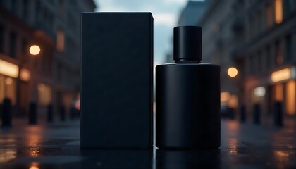 Fototapeta premium Elegant black perfume bottle and box on city street at night