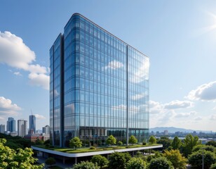 a futuristic office building with dynamic electrochromic windows that change tint based on sunlight, saving cooling energy, surrounded by lush rooftop gardens