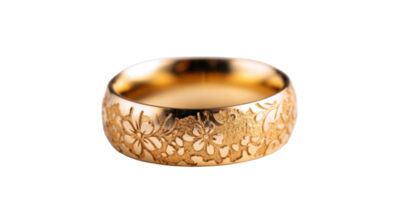 Elegant gold ring with intricate floral design detailed engraved pattern luxurious jewelry accessory fashionable statement piece premium quality on transparent background band metal