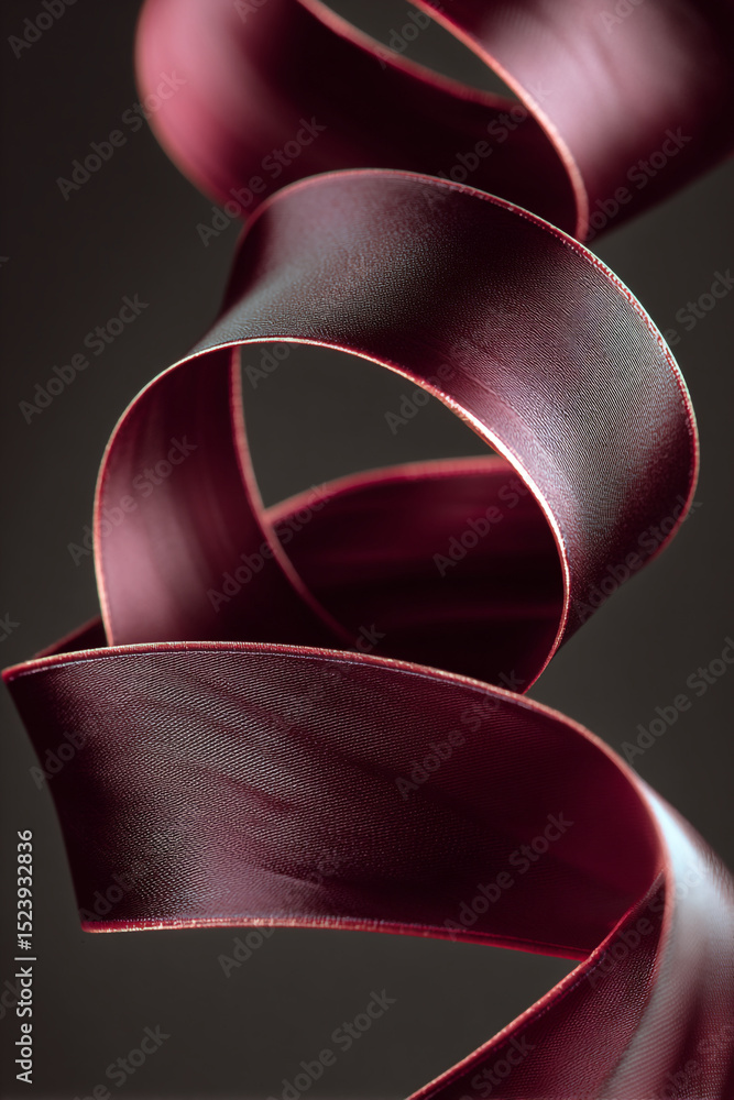 Poster a close up of a shiny maroon ribbon spiraling against a dark gray background in a studio setting