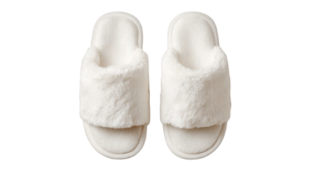 Soft white furry slippers cozy comfortable warm house shoes indoor winter fashionable plush sleepwear relaxing home footwear rest cream fuzzy style clean on transparent background