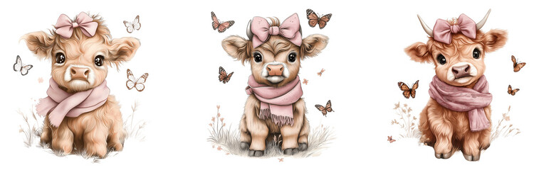 Set of various cute cows, watercolor isolated on transparent background