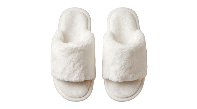 Soft white furry slippers cozy comfortable warm house shoes indoor winter fashionable plush sleepwear relaxing home footwear rest cream fuzzy style clean on transparent background