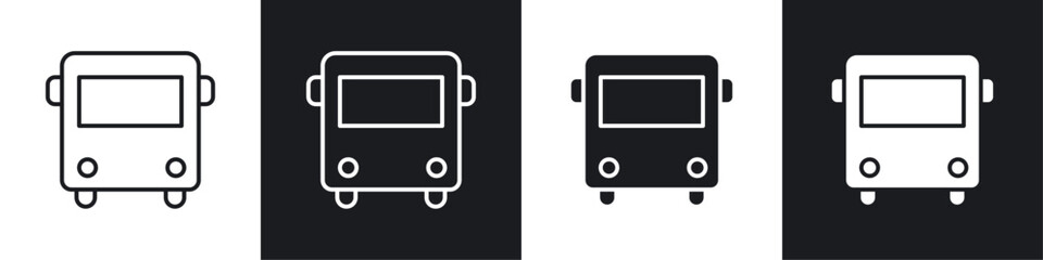 Bus icons collection in black and white filled and line versions