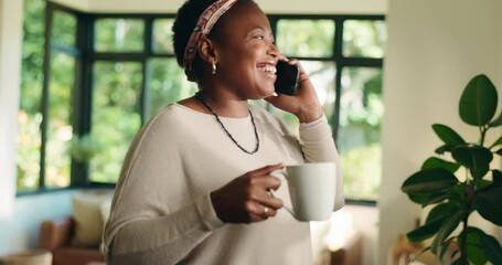 Home, phone call and black woman with coffee, smile and communication with network. African person, apartment and mobile user in lounge, cappuccino and herbal tea with conversation, app and happiness - Powered by Adobe