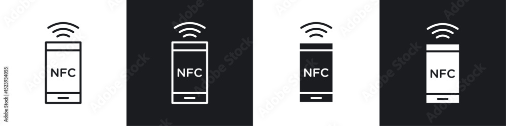 Poster nfc communication icons collection in black and white filled and line versions