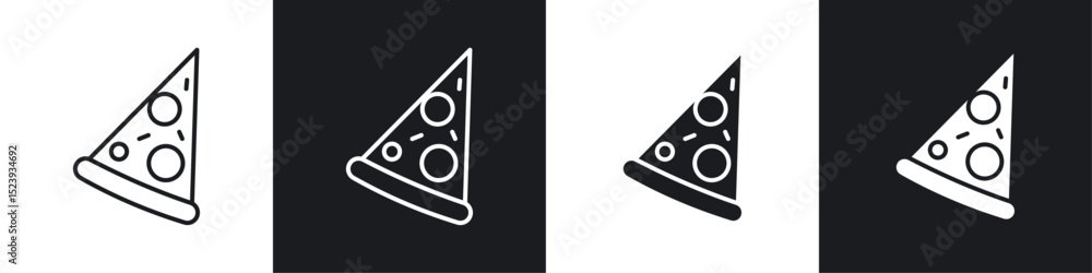 Poster pizza slice icons collection in black and white filled and line versions