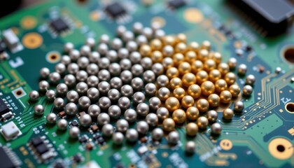 tin lead and lead free solder balls arranged neatly on a circuit board, essential materials for electronic assembly