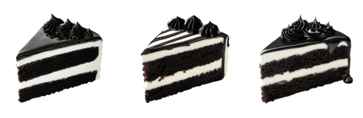 Set of various slice of black and white piece of cake isolated on transparent background